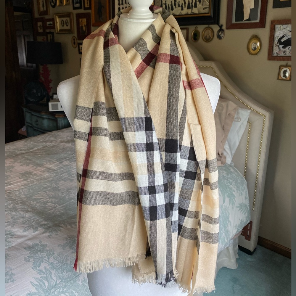 Fraas Tan Plaid Wide Scarf
